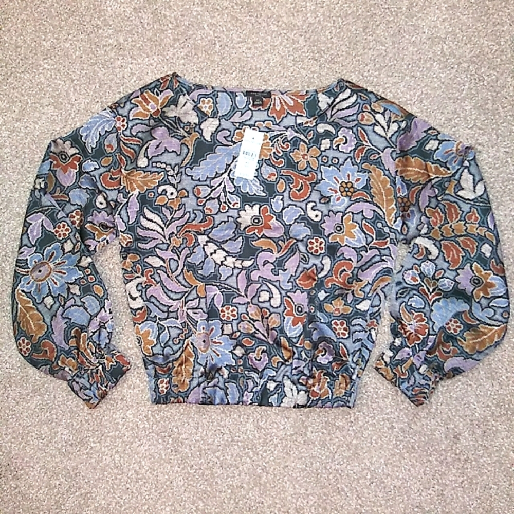 NWT Sz XSP Ann Taylor Blue Floral Tapestry Blouse